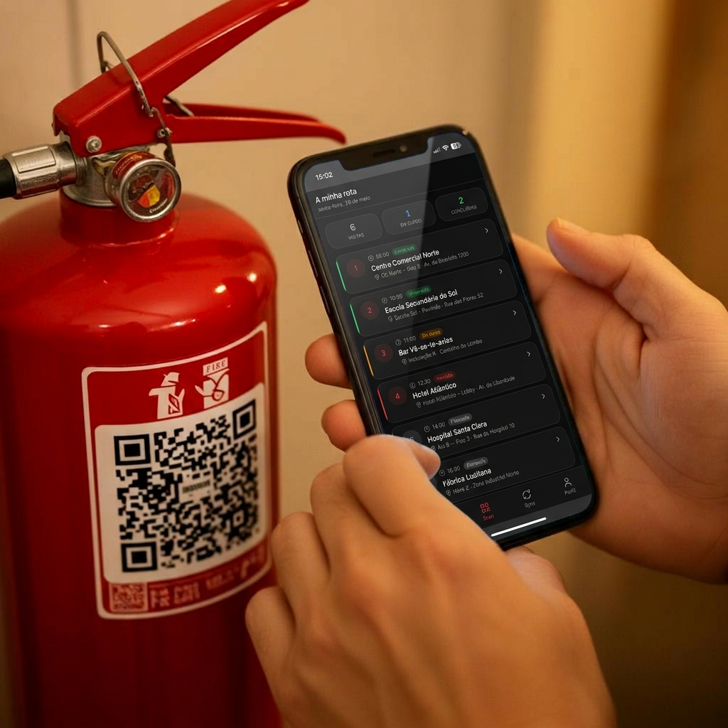 Técnico a digitalizar QR code de extintor com a app WOWFire